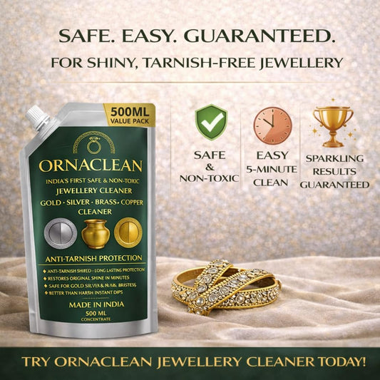OrnaClean 4-in-1 Metal Cleaner for Gold, Silver, Brass & Copper | Non-Toxic, Eco-Friendly, Anti-Tarnish Formula | Long-Lasting Care for Jewellery, Idols & Utensils (500 ml Value Pack)