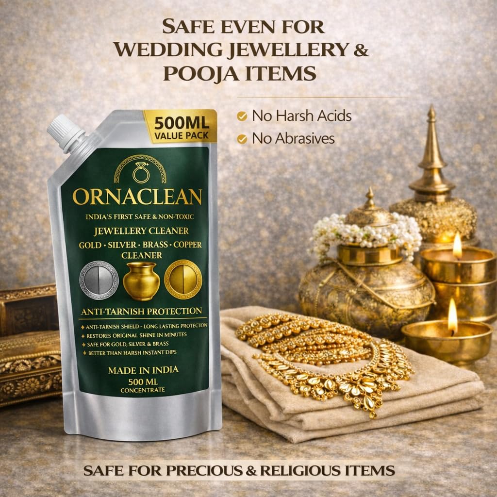 OrnaClean 4-in-1 Metal Cleaner for Gold, Silver, Brass & Copper | Non-Toxic, Eco-Friendly, Anti-Tarnish Formula | Long-Lasting Care for Jewellery, Idols & Utensils (500 ml Value Pack)