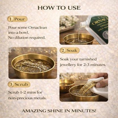 OrnaClean 4-in-1 Metal Cleaner for Gold, Silver, Brass & Copper | Non-Toxic, Eco-Friendly, Anti-Tarnish Formula | Long-Lasting Care for Jewellery, Idols & Utensils (500 ml Value Pack)