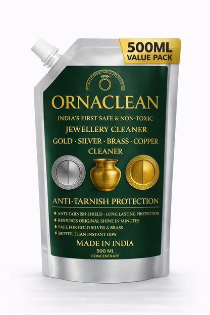 OrnaClean 4-in-1 Metal Cleaner for Gold, Silver, Brass & Copper | Non-Toxic, Eco-Friendly, Anti-Tarnish Formula | Long-Lasting Care for Jewellery, Idols & Utensils (500 ml Value Pack)