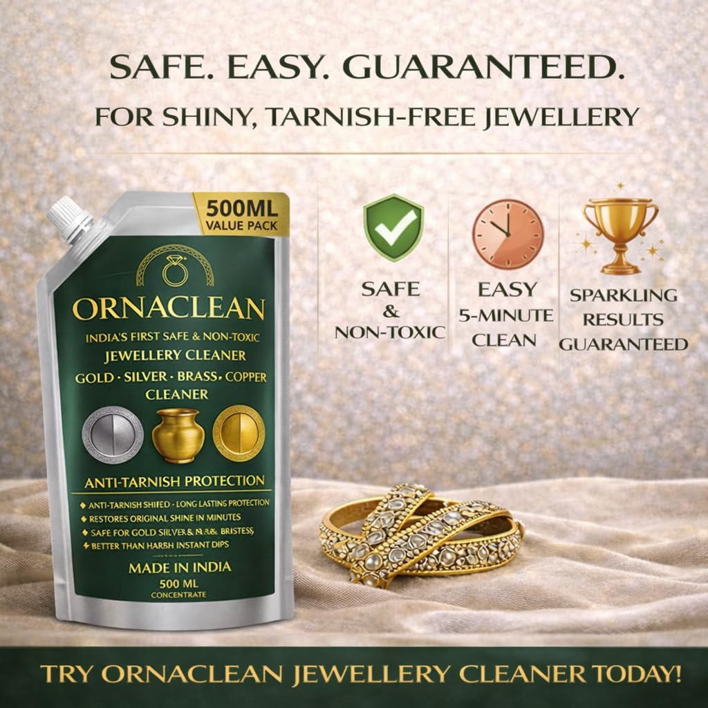 OrnaClean 4-in-1 Metal Cleaner for Gold, Silver, Brass & Copper | Non-Toxic, Eco-Friendly, Anti-Tarnish Formula | Long-Lasting Care for Jewellery, Idols & Utensils (500 ml Value Pack)