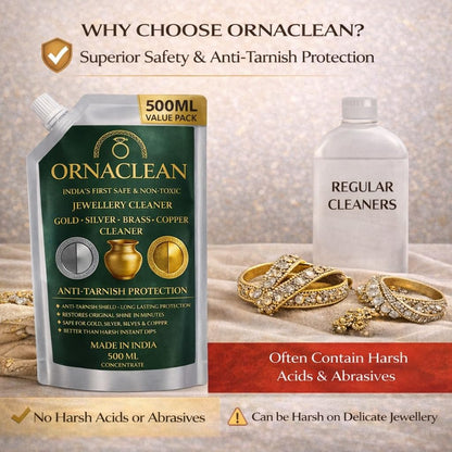 OrnaClean 4-in-1 Metal Cleaner for Gold, Silver, Brass & Copper | Non-Toxic, Eco-Friendly, Anti-Tarnish Formula | Long-Lasting Care for Jewellery, Idols & Utensils (500 ml Value Pack)