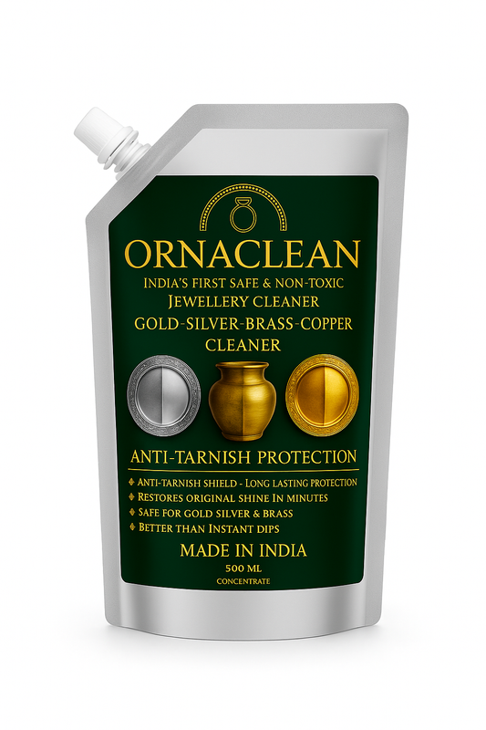 Jewellery Cleaner for Gold Silver Brass Copper | Anti Tarnish Metal Polish Liquid | Safe Non-Toxic Cleaner Made in India 500ml – OrnaClean