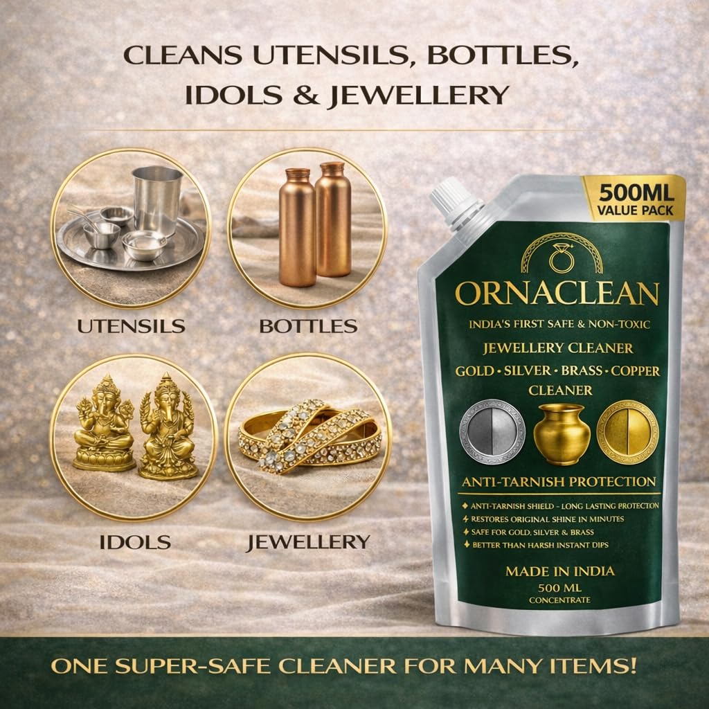 OrnaClean 4-in-1 Metal Cleaner for Gold, Silver, Brass & Copper | Non-Toxic, Eco-Friendly, Anti-Tarnish Formula | Long-Lasting Care for Jewellery, Idols & Utensils (500 ml Value Pack)