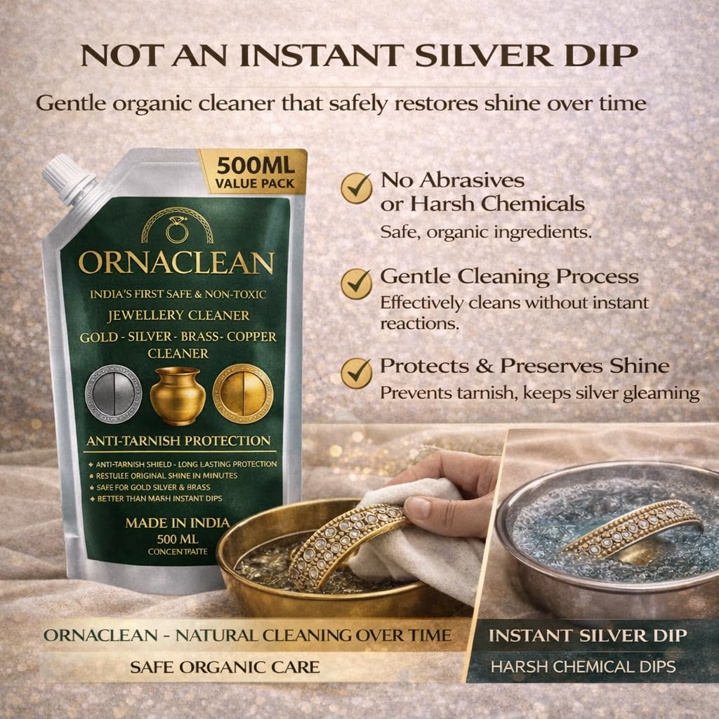 OrnaClean 4-in-1 Metal Cleaner for Gold, Silver, Brass & Copper | Non-Toxic, Eco-Friendly, Anti-Tarnish Formula | Long-Lasting Care for Jewellery, Idols & Utensils (500 ml Value Pack)
